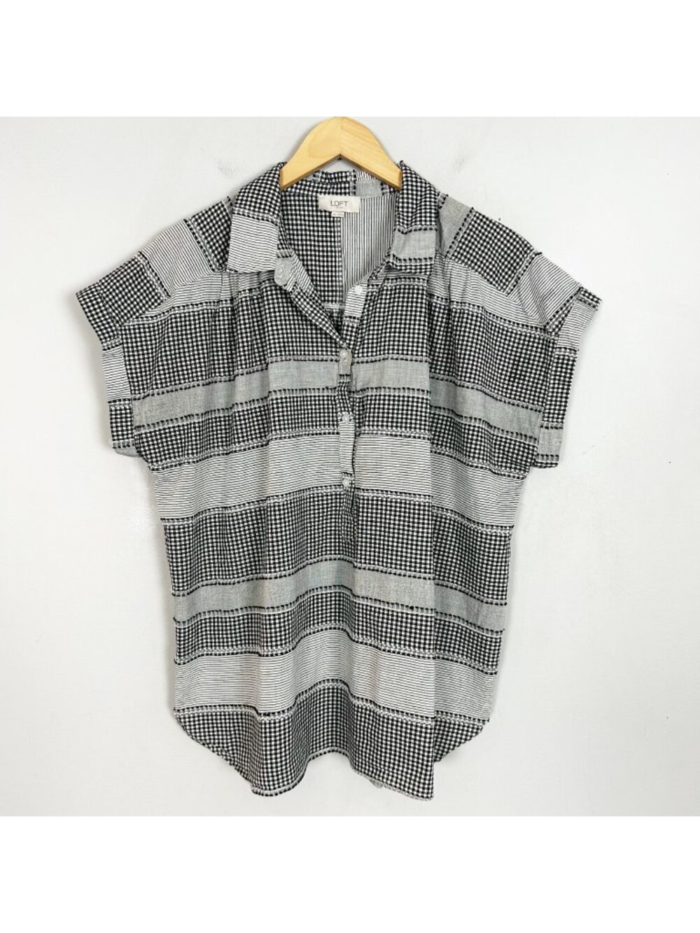 Loft Black Gingham Checkered Button Down Shirt Classic Lightweight Size XL Women